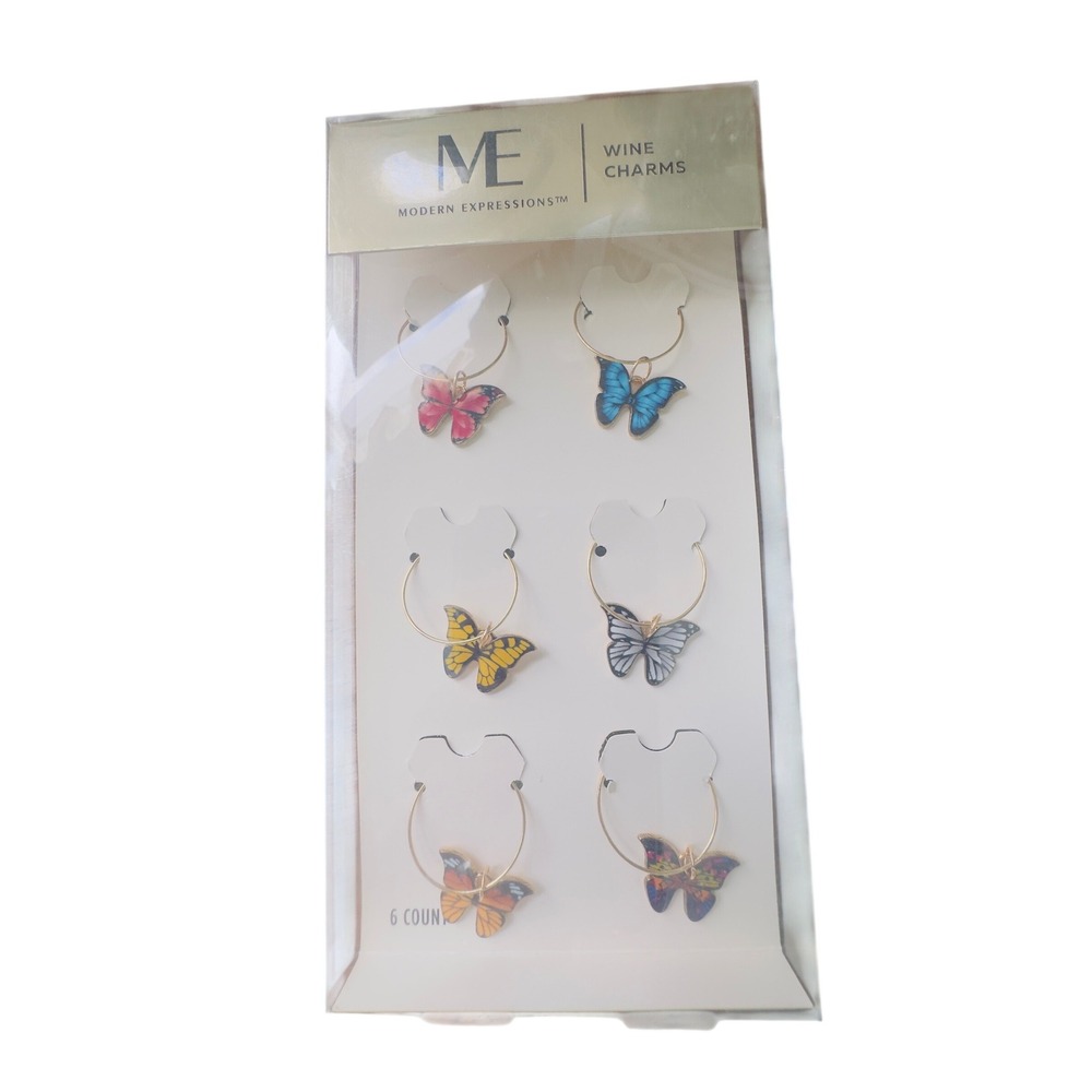 Modern Expressions Butterfly Wine Charms Set 6 Count‎ Gold Tone Enamel